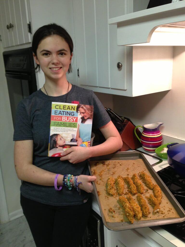Sarah making Michelle’s Pecan-Crusted Chicken Tenders with Yogurt Dill Dip