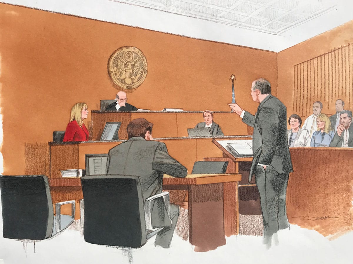 Melissa testifying in federal court in November, 2013 - sketch by Cheryl “Cookie” Cook”